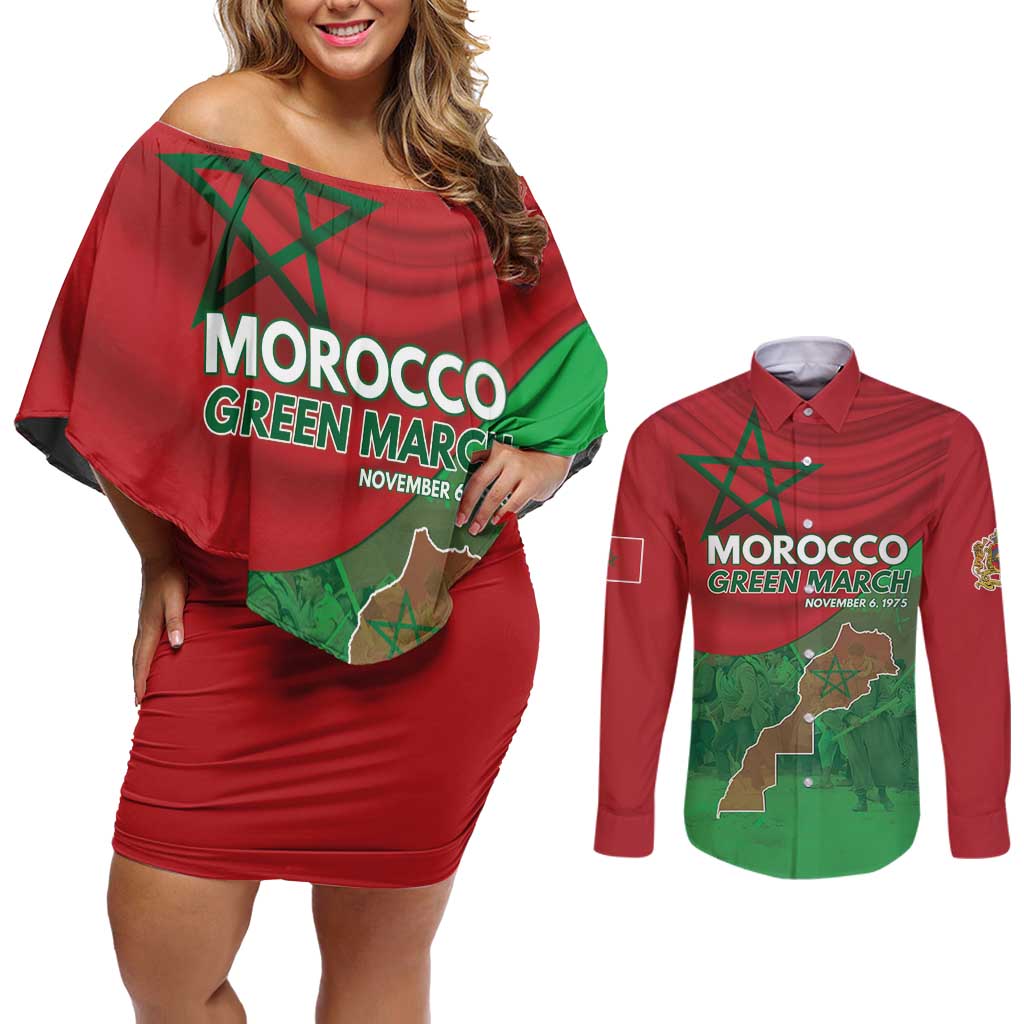 Morocco Green March Day Couples Matching Off Shoulder Short Dress and Long Sleeve Button Shirt One People - One Nation - Wonder Print Shop