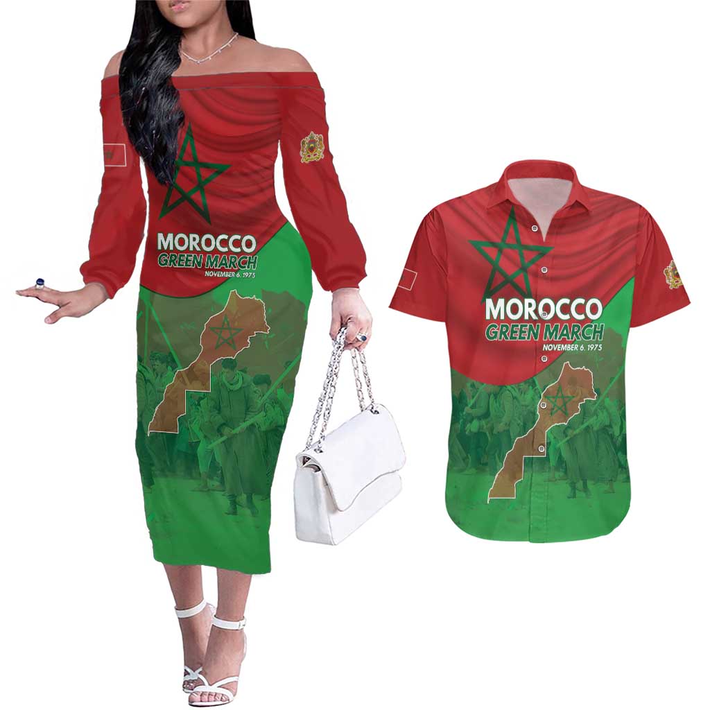Morocco Green March Day Couples Matching Off The Shoulder Long Sleeve Dress and Hawaiian Shirt One People - One Nation - Wonder Print Shop