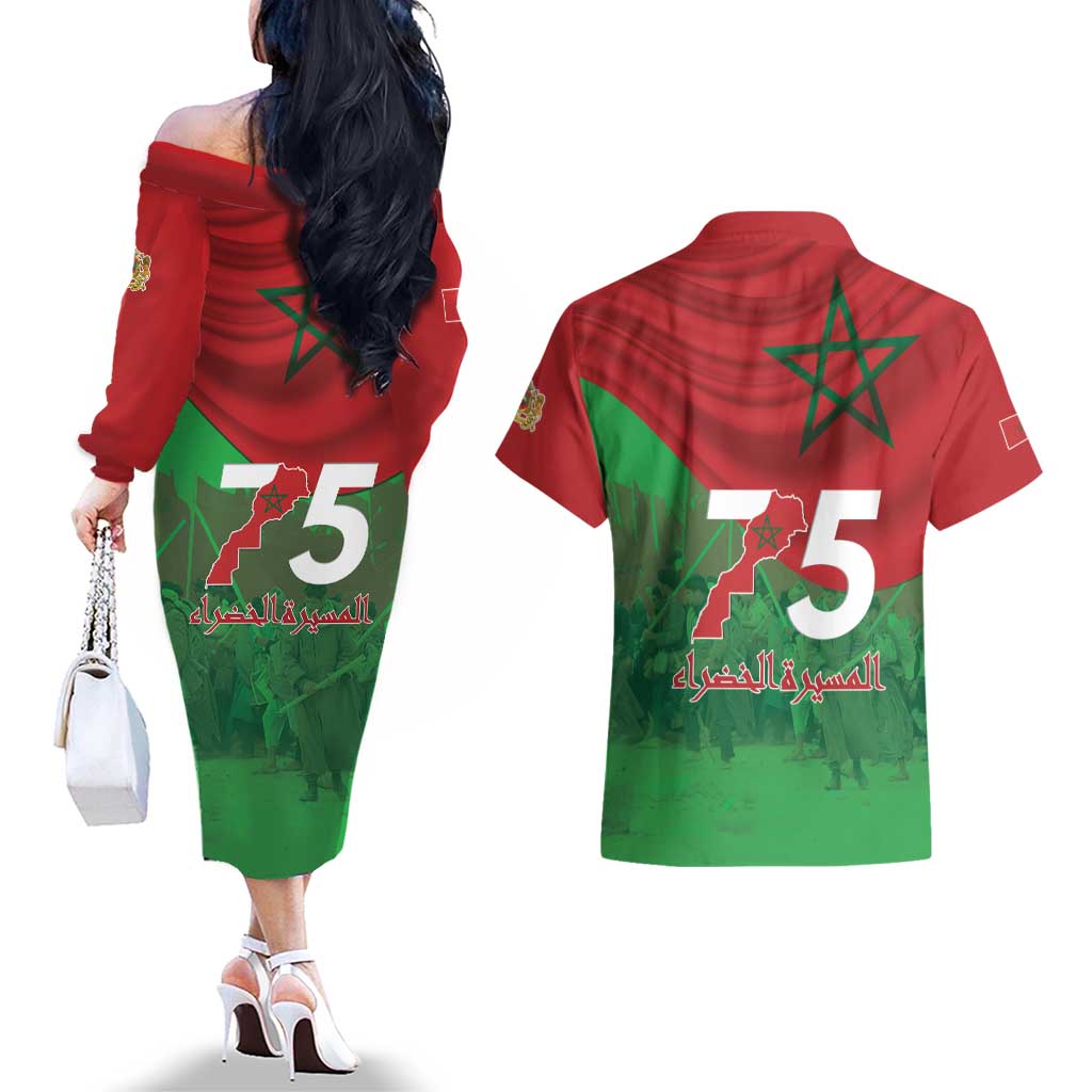 Morocco Green March Day Couples Matching Off The Shoulder Long Sleeve Dress and Hawaiian Shirt One People - One Nation - Wonder Print Shop