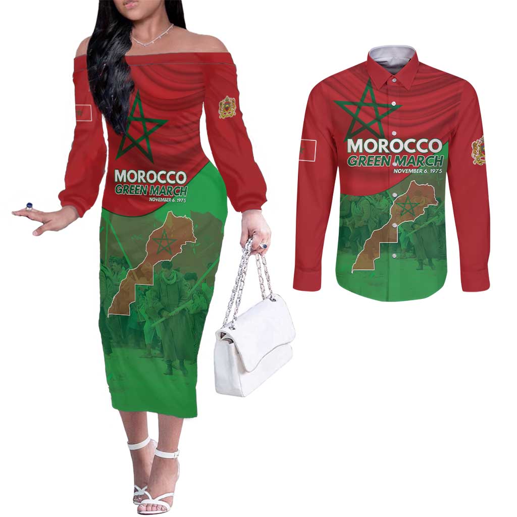 Morocco Green March Day Couples Matching Off The Shoulder Long Sleeve Dress and Long Sleeve Button Shirt One People - One Nation - Wonder Print Shop