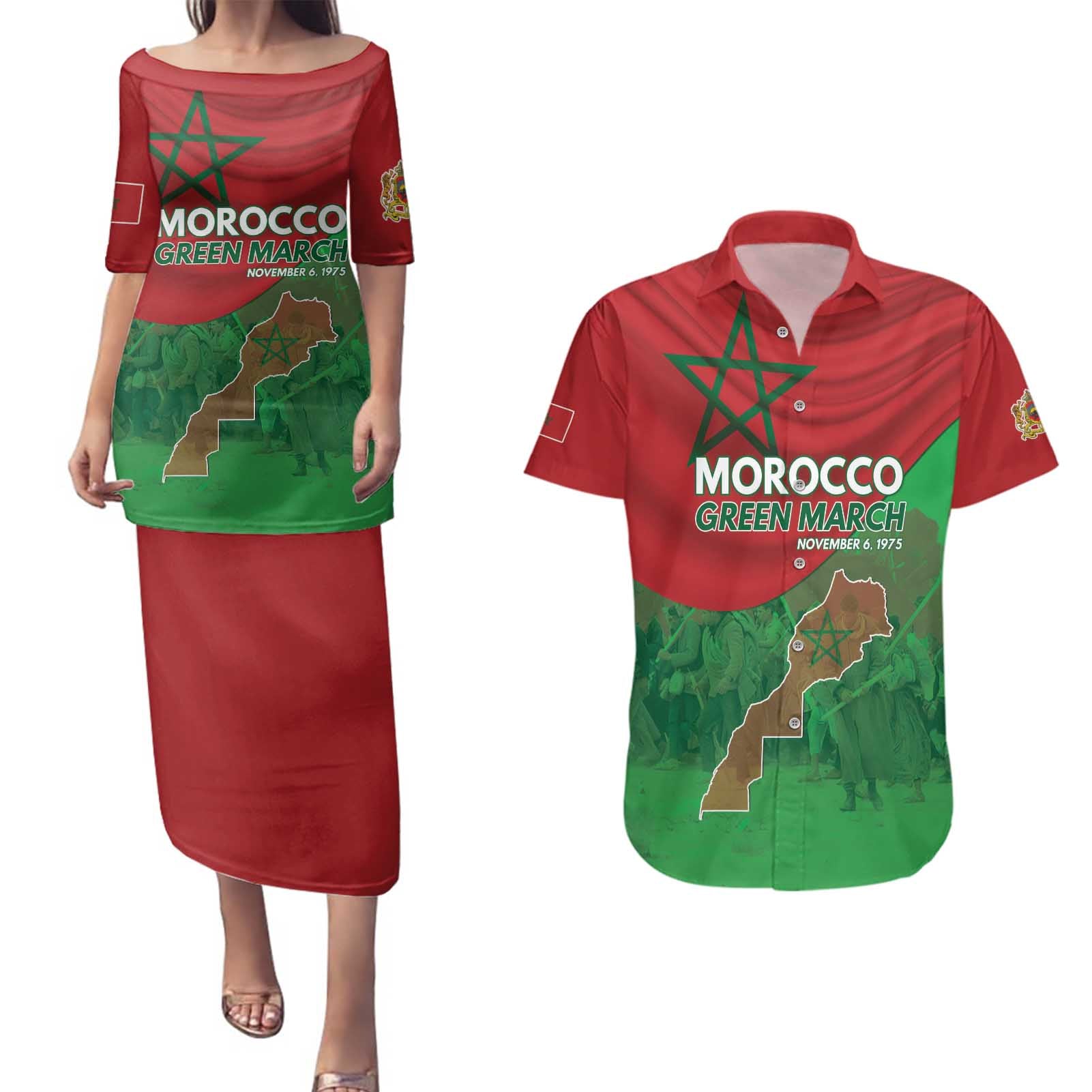 Morocco Green March Day Couples Matching Puletasi and Hawaiian Shirt One People - One Nation - Wonder Print Shop