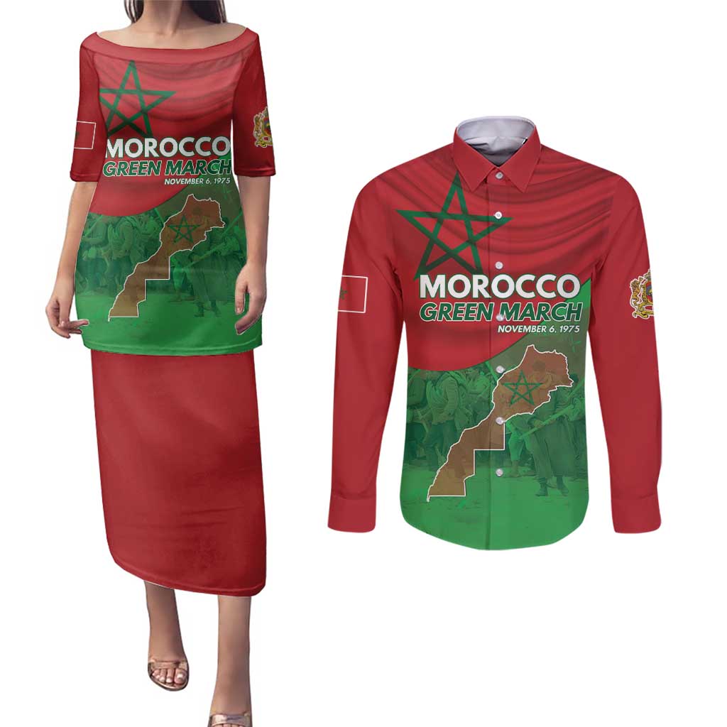 Morocco Green March Day Couples Matching Puletasi and Long Sleeve Button Shirt One People - One Nation - Wonder Print Shop