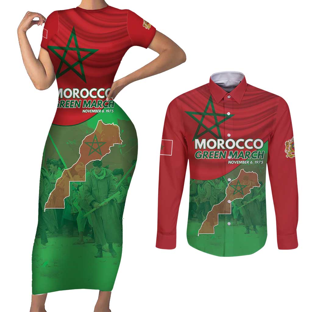 Morocco Green March Day Couples Matching Short Sleeve Bodycon Dress and Long Sleeve Button Shirt One People - One Nation - Wonder Print Shop