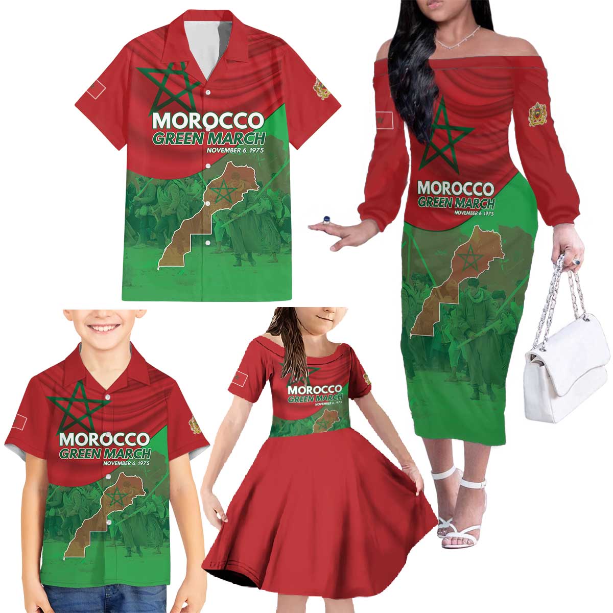 Morocco Green March Day Family Matching Off The Shoulder Long Sleeve Dress and Hawaiian Shirt One People - One Nation - Wonder Print Shop