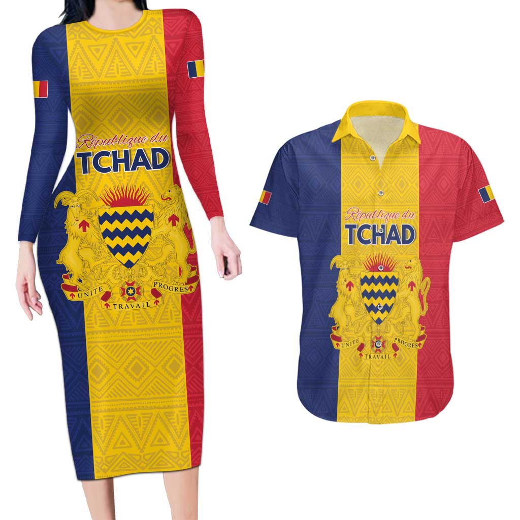 Personalized Chad Couples Matching Long Sleeve Bodycon Dress and Hawaiian Shirt Coat Of Arms - Flag Style - Wonder Print Shop