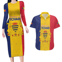 Personalized Chad Couples Matching Long Sleeve Bodycon Dress and Hawaiian Shirt Coat Of Arms - Flag Style - Wonder Print Shop