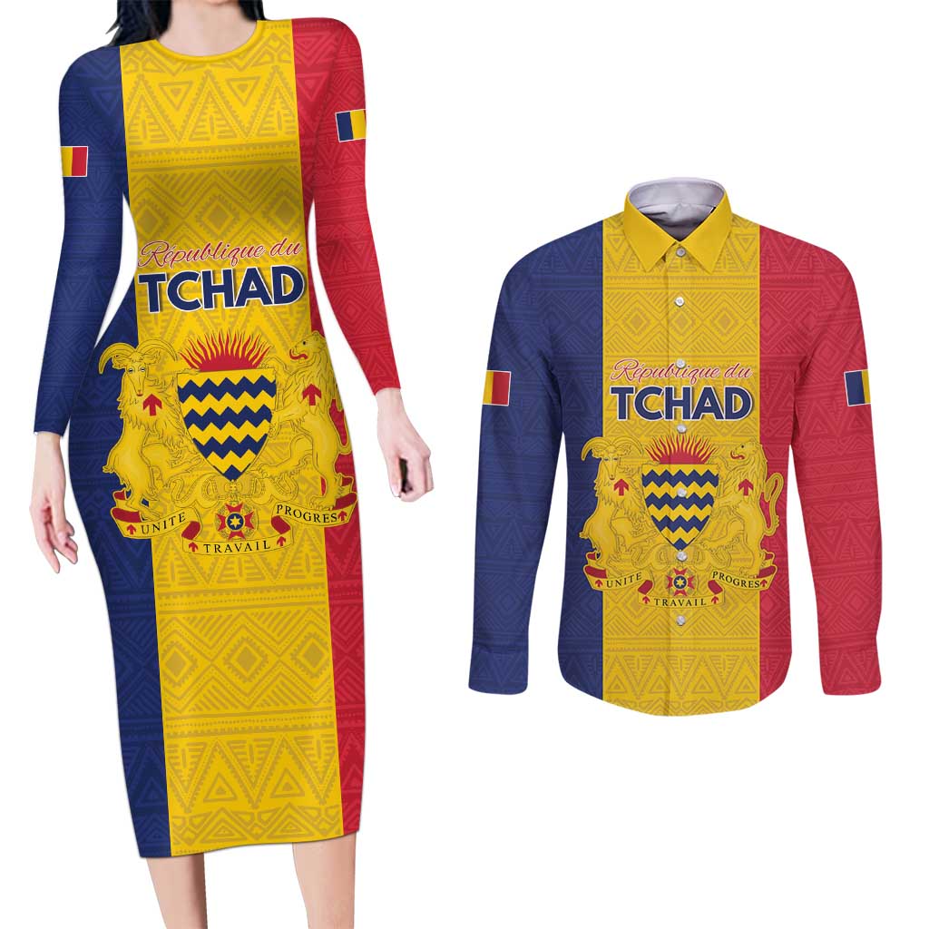 Personalized Chad Couples Matching Long Sleeve Bodycon Dress and Long Sleeve Button Shirt Coat Of Arms - Flag Style - Wonder Print Shop