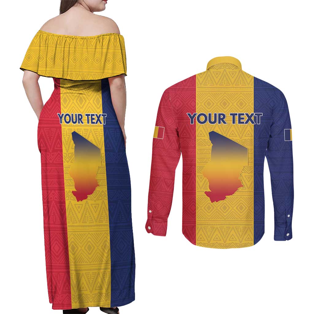 Personalized Chad Couples Matching Off Shoulder Maxi Dress and Long Sleeve Button Shirt Coat Of Arms - Flag Style - Wonder Print Shop