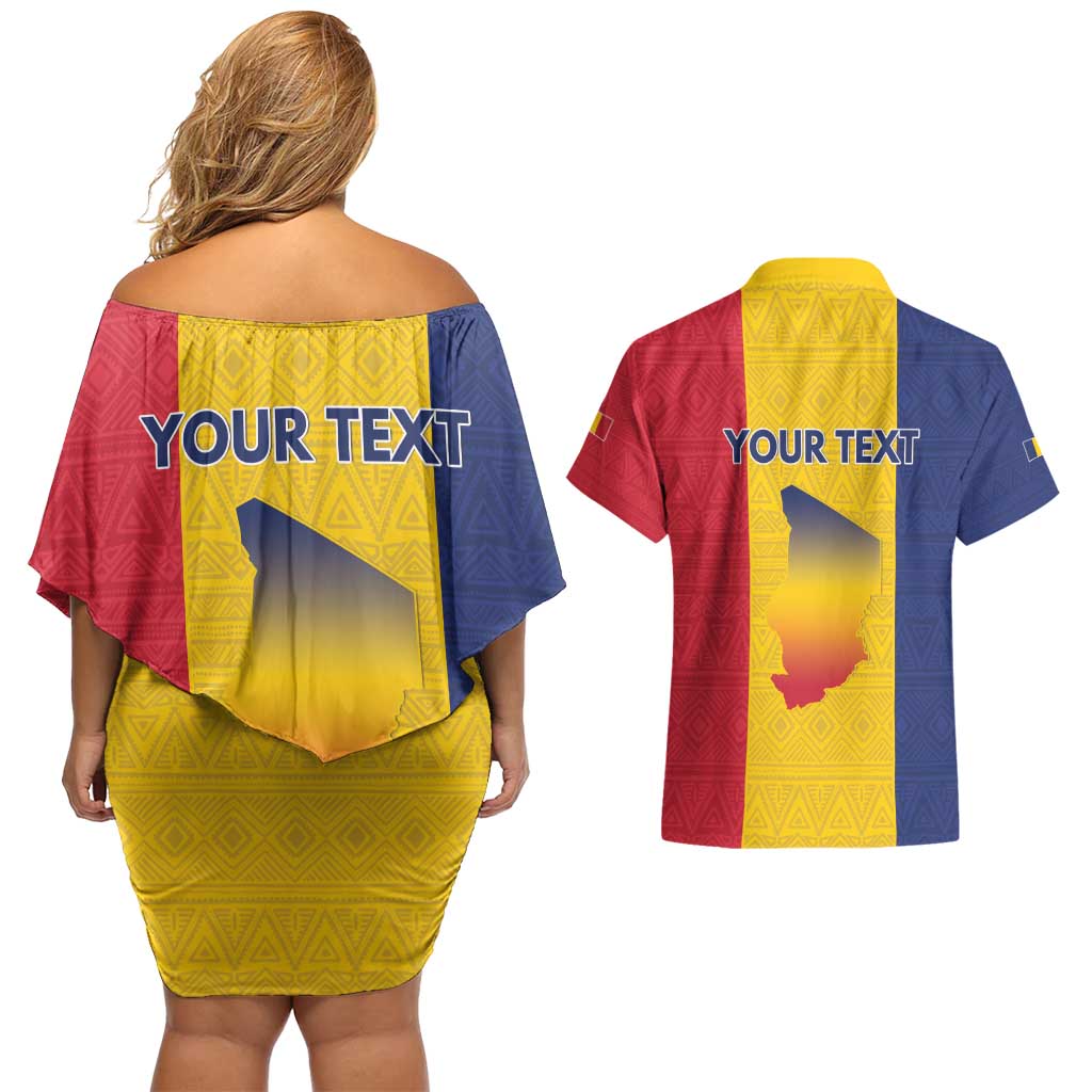 Personalized Chad Couples Matching Off Shoulder Short Dress and Hawaiian Shirt Coat Of Arms - Flag Style - Wonder Print Shop