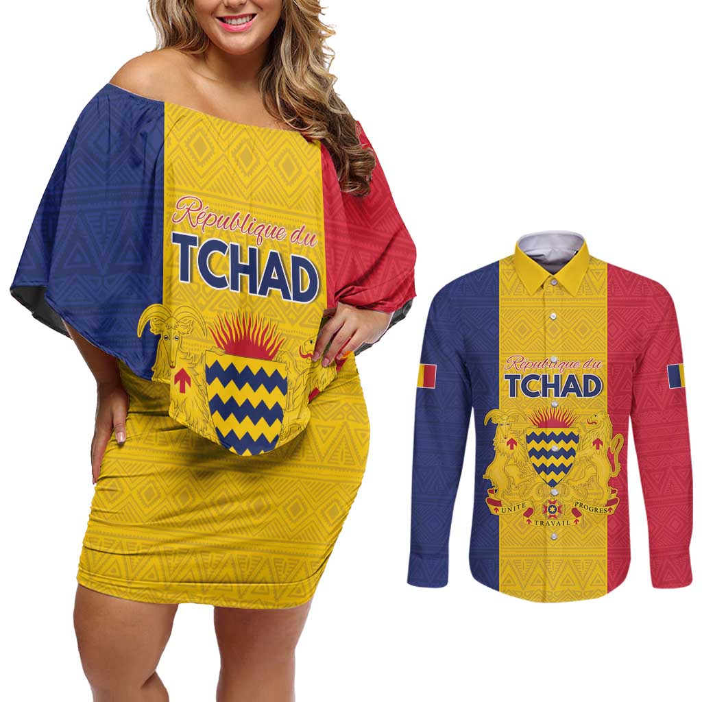 Personalized Chad Couples Matching Off Shoulder Short Dress and Long Sleeve Button Shirt Coat Of Arms - Flag Style - Wonder Print Shop