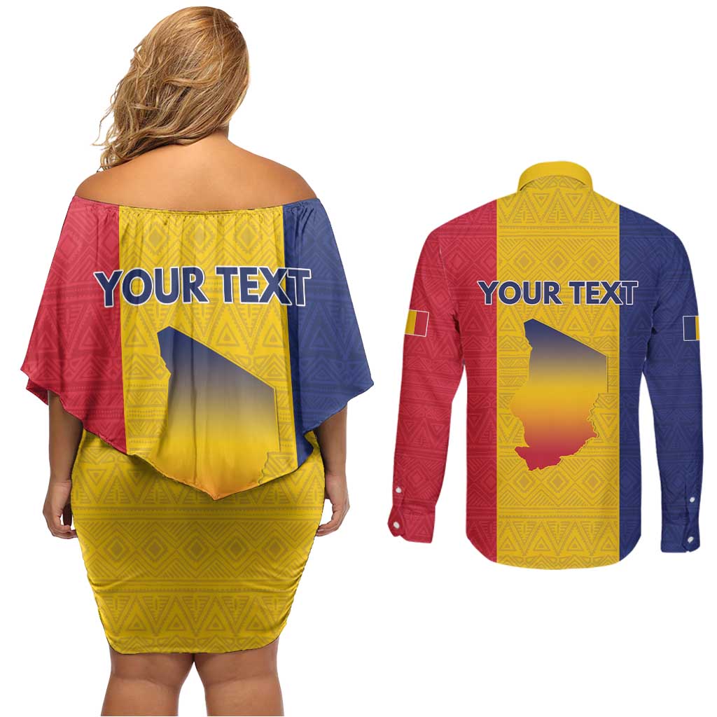 Personalized Chad Couples Matching Off Shoulder Short Dress and Long Sleeve Button Shirt Coat Of Arms - Flag Style - Wonder Print Shop