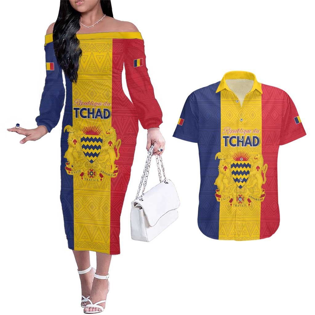 Personalized Chad Couples Matching Off The Shoulder Long Sleeve Dress and Hawaiian Shirt Coat Of Arms - Flag Style - Wonder Print Shop