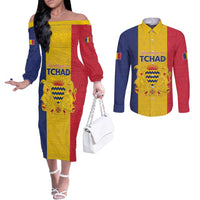 Personalized Chad Couples Matching Off The Shoulder Long Sleeve Dress and Long Sleeve Button Shirt Coat Of Arms - Flag Style - Wonder Print Shop