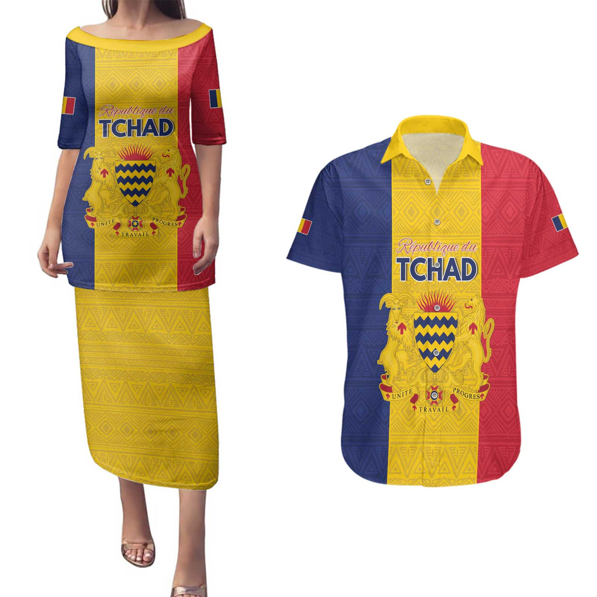 Personalized Chad Couples Matching Puletasi and Hawaiian Shirt Coat Of Arms - Flag Style - Wonder Print Shop