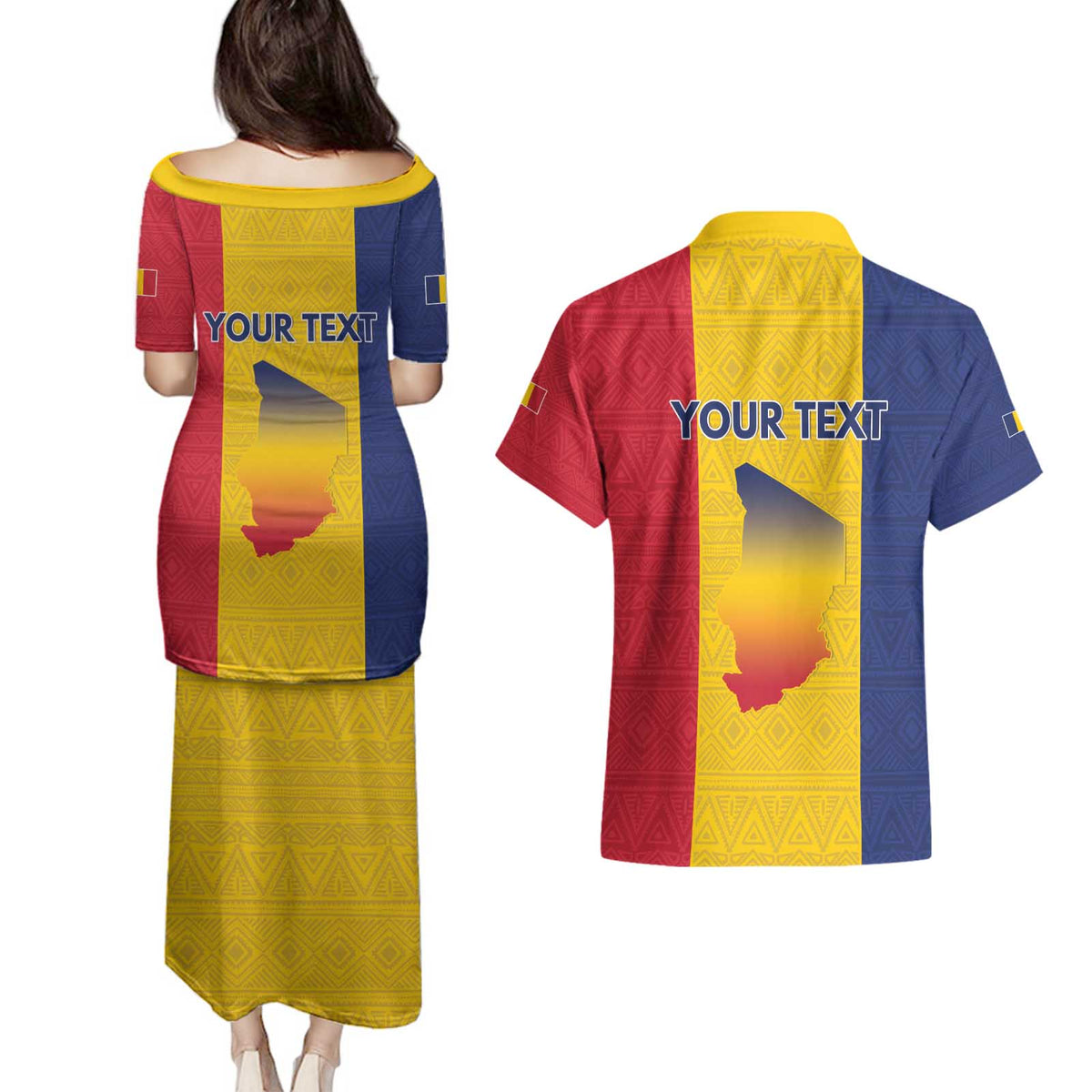 Personalized Chad Couples Matching Puletasi and Hawaiian Shirt Coat Of Arms - Flag Style - Wonder Print Shop