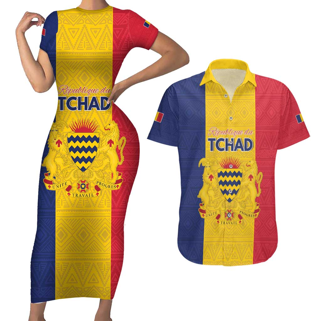 Personalized Chad Couples Matching Short Sleeve Bodycon Dress and Hawaiian Shirt Coat Of Arms - Flag Style - Wonder Print Shop