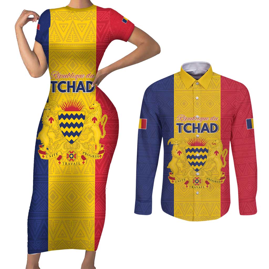 Personalized Chad Couples Matching Short Sleeve Bodycon Dress and Long Sleeve Button Shirt Coat Of Arms - Flag Style - Wonder Print Shop