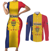 Personalized Chad Couples Matching Short Sleeve Bodycon Dress and Long Sleeve Button Shirt Coat Of Arms - Flag Style - Wonder Print Shop