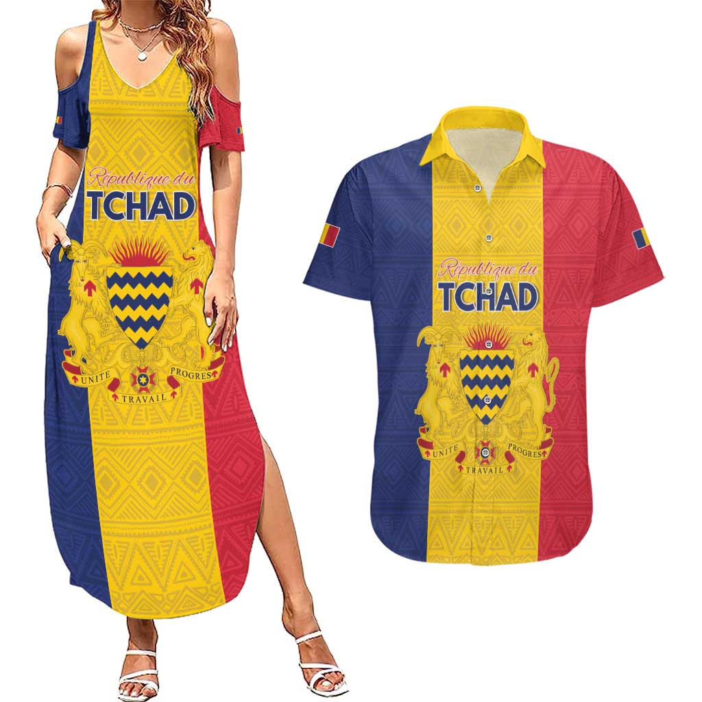 Personalized Chad Couples Matching Summer Maxi Dress and Hawaiian Shirt Coat Of Arms - Flag Style - Wonder Print Shop