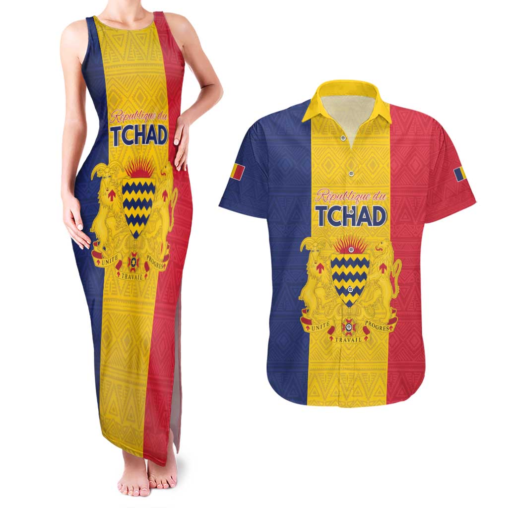 Personalized Chad Couples Matching Tank Maxi Dress and Hawaiian Shirt Coat Of Arms - Flag Style - Wonder Print Shop