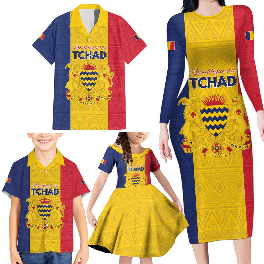 Personalized Chad Family Matching Long Sleeve Bodycon Dress and Hawaiian Shirt Coat Of Arms - Flag Style - Wonder Print Shop