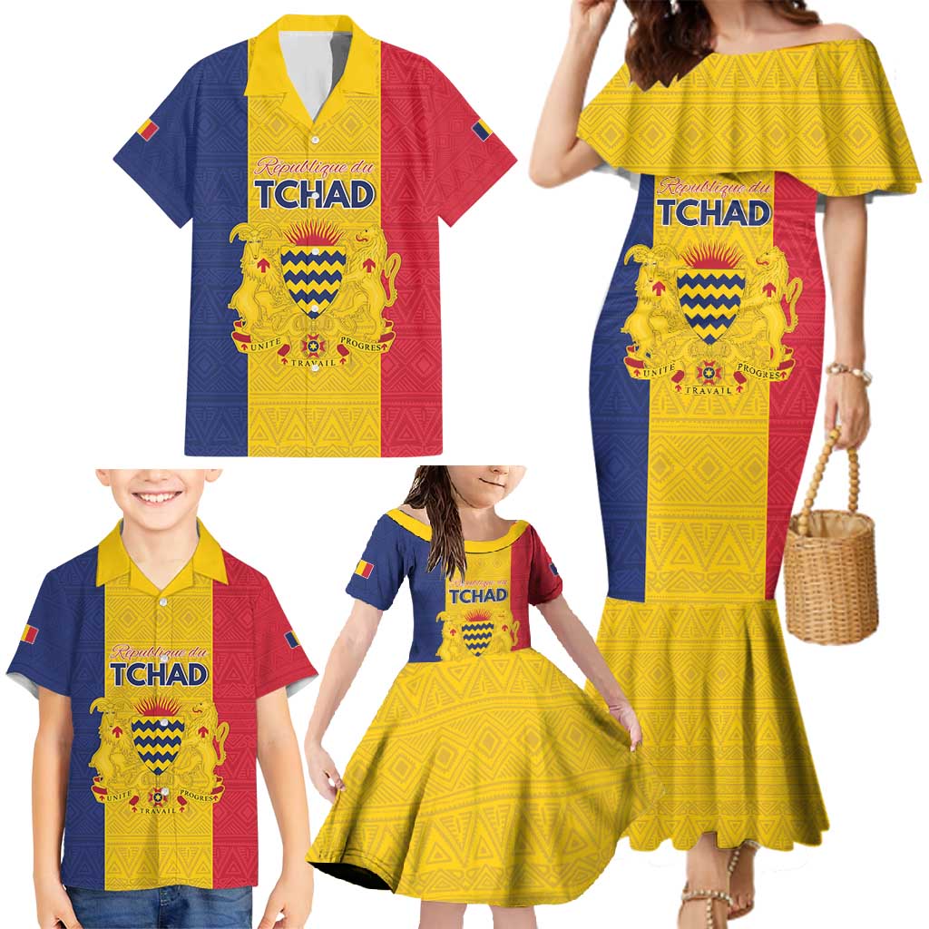 Personalized Chad Family Matching Mermaid Dress and Hawaiian Shirt Coat Of Arms - Flag Style - Wonder Print Shop