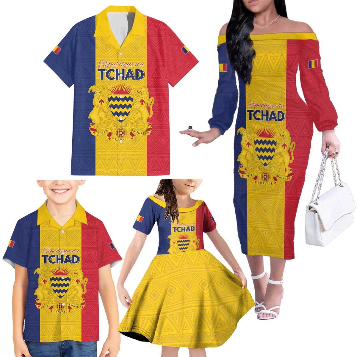 Personalized Chad Family Matching Off The Shoulder Long Sleeve Dress and Hawaiian Shirt Coat Of Arms - Flag Style - Wonder Print Shop
