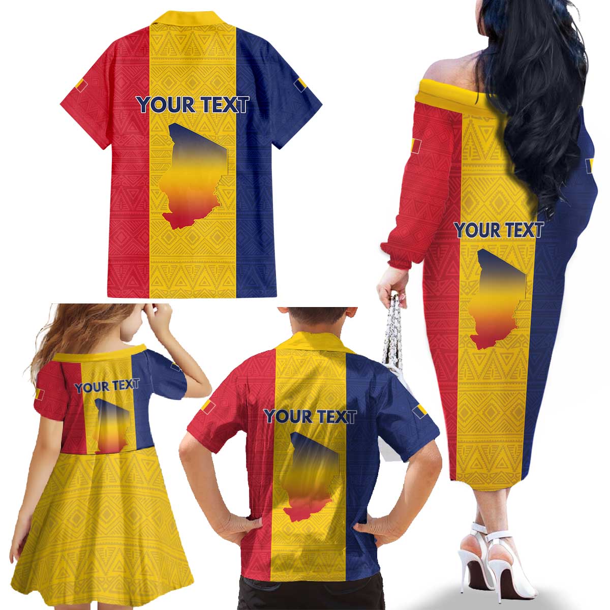 Personalized Chad Family Matching Off The Shoulder Long Sleeve Dress and Hawaiian Shirt Coat Of Arms - Flag Style - Wonder Print Shop