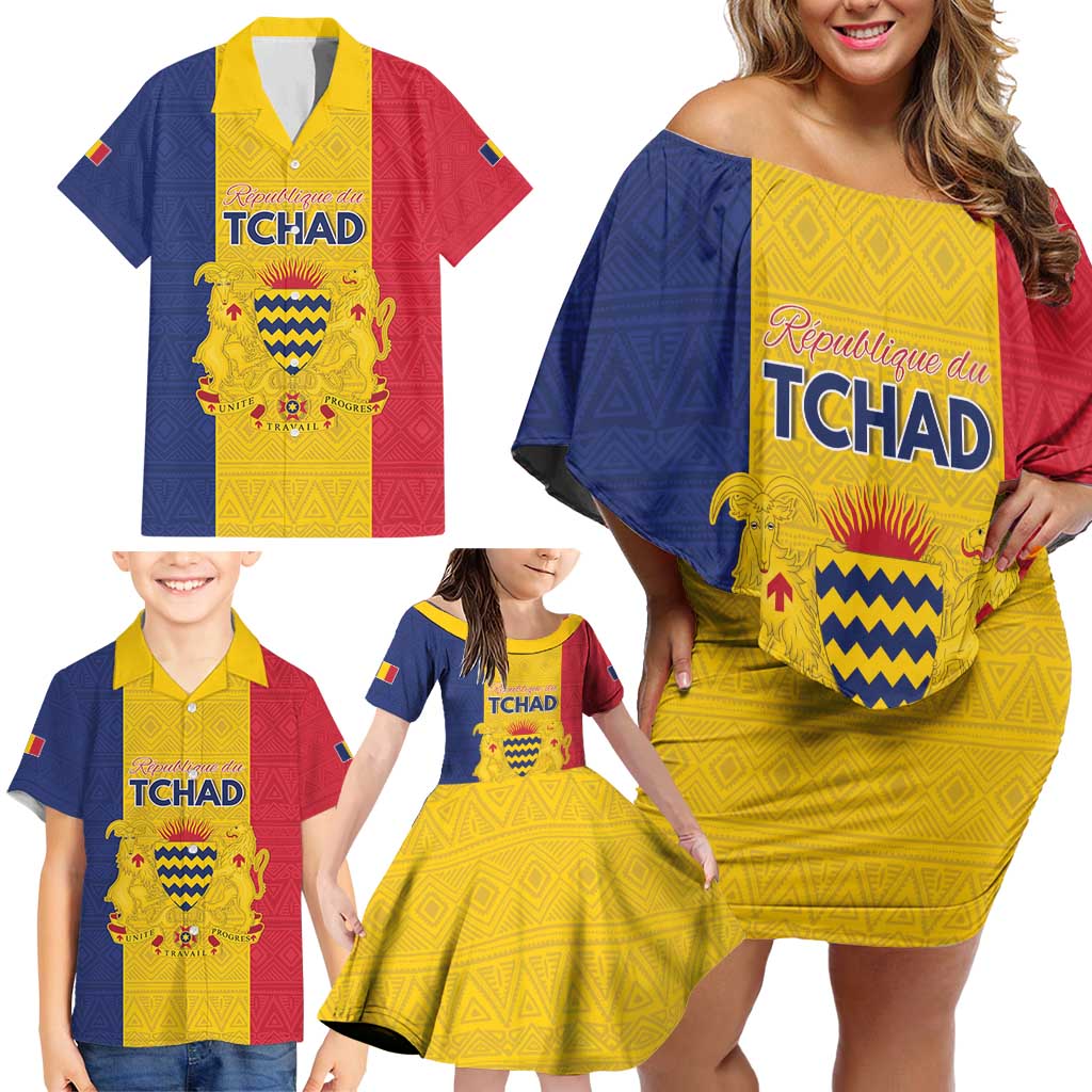 Personalized Chad Family Matching Off Shoulder Short Dress and Hawaiian Shirt Coat Of Arms - Flag Style - Wonder Print Shop