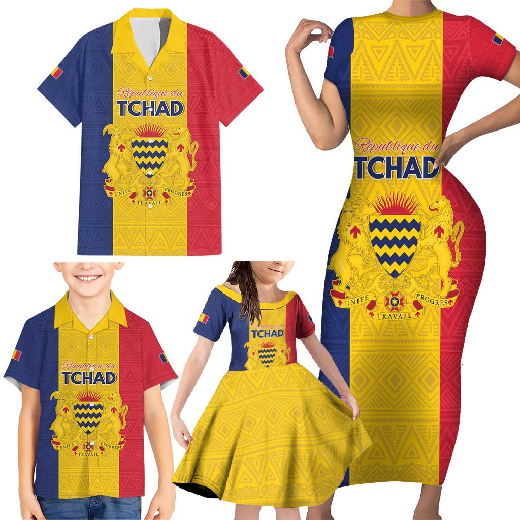 Personalized Chad Family Matching Short Sleeve Bodycon Dress and Hawaiian Shirt Coat Of Arms - Flag Style - Wonder Print Shop