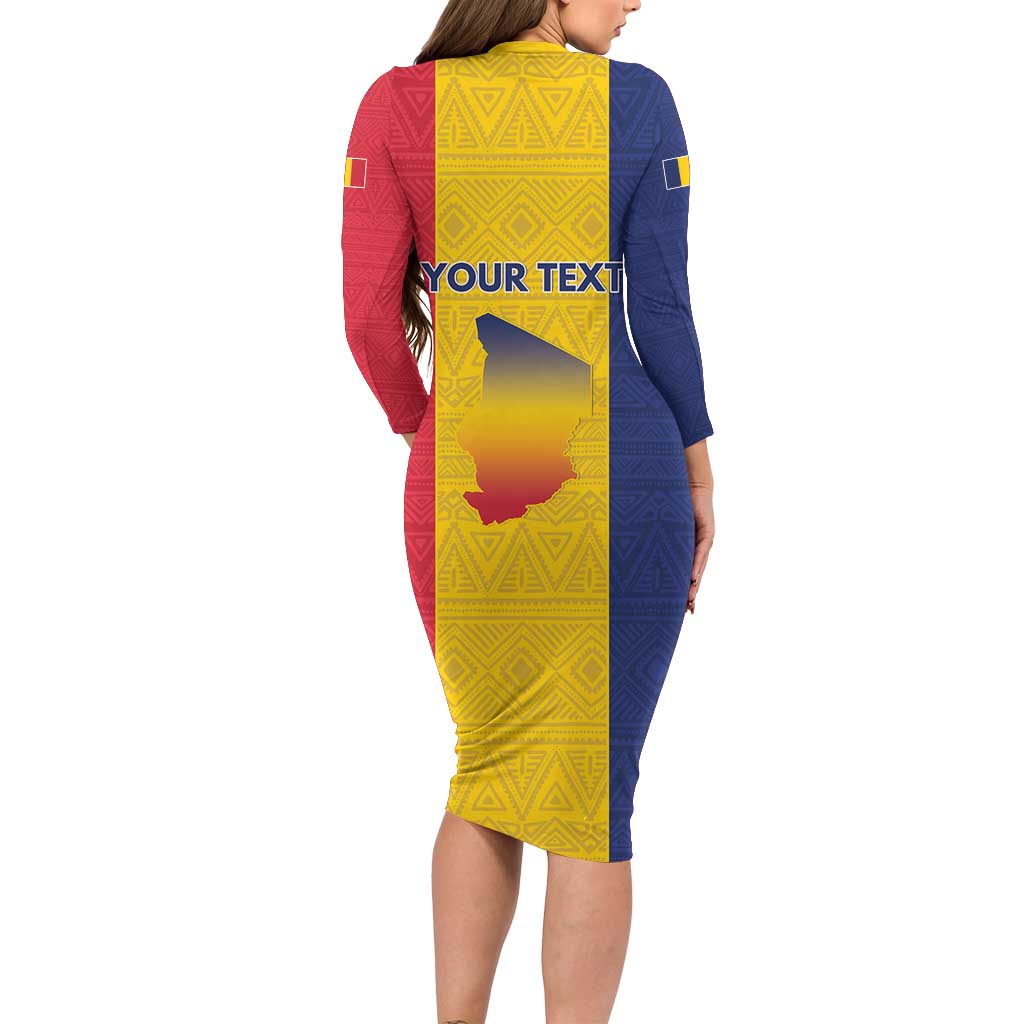 Personalized Chad Long Sleeve Bodycon Dress Coat Of Arms - Flag Style - Wonder Print Shop