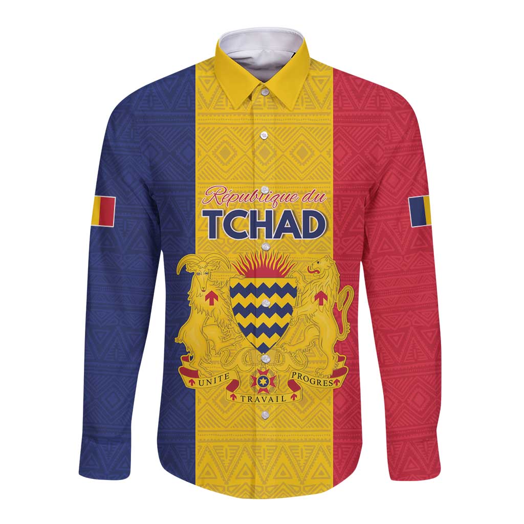 Personalized Chad Long Sleeve Button Shirt Coat Of Arms - Flag Style - Wonder Print Shop