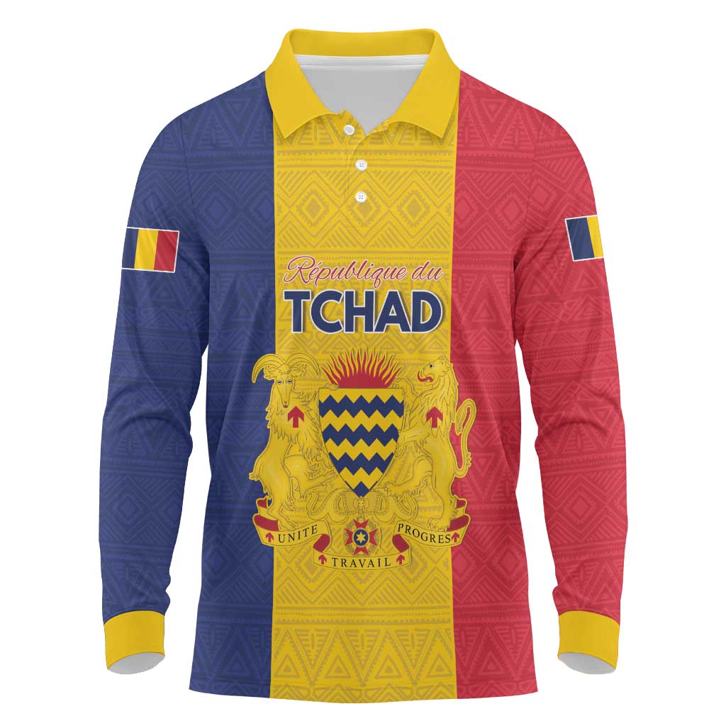 Personalized Chad Long Sleeve Polo Shirt Coat Of Arms - Flag Style - Wonder Print Shop