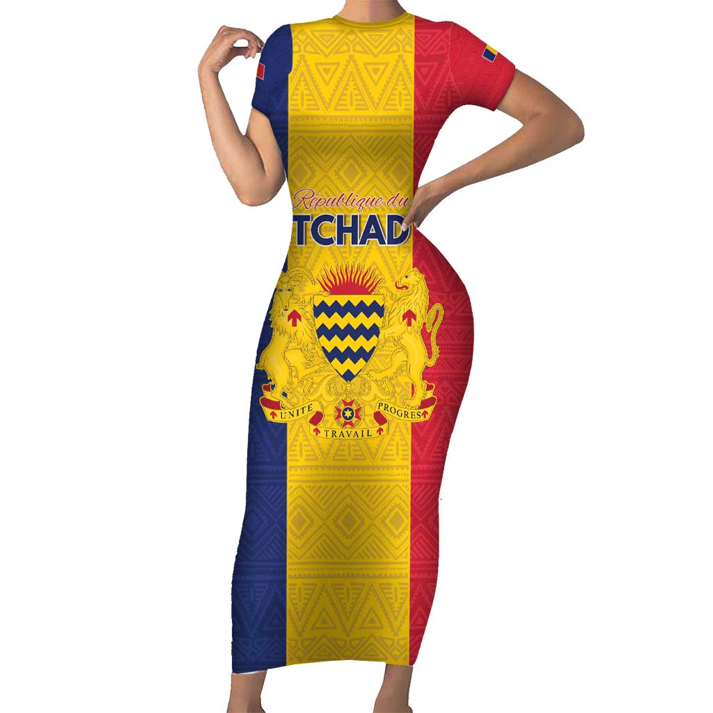 Personalized Chad Short Sleeve Bodycon Dress Coat Of Arms - Flag Style - Wonder Print Shop