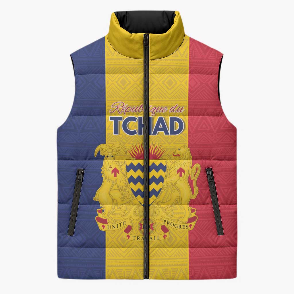 Personalized Chad Sleeveless Puffer Jacket Coat Of Arms - Flag Style - Wonder Print Shop