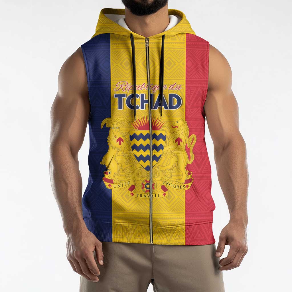 Personalized Chad Sleeveless Zip Hoodie Coat Of Arms - Flag Style - Wonder Print Shop