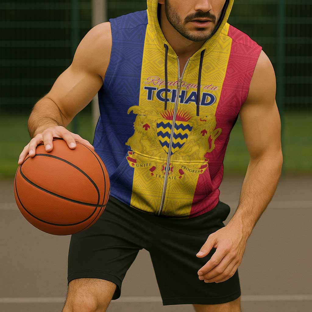 Personalized Chad Sleeveless Zip Hoodie Coat Of Arms - Flag Style - Wonder Print Shop