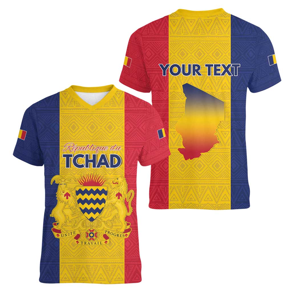 Personalized Chad Women V-Neck T-Shirt Coat Of Arms - Flag Style - Wonder Print Shop