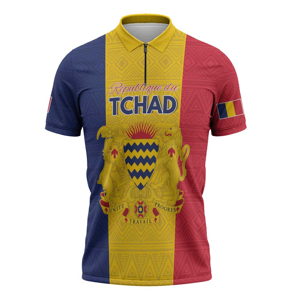 Personalized Chad Zipper Polo Shirt Coat Of Arms - Flag Style - Wonder Print Shop