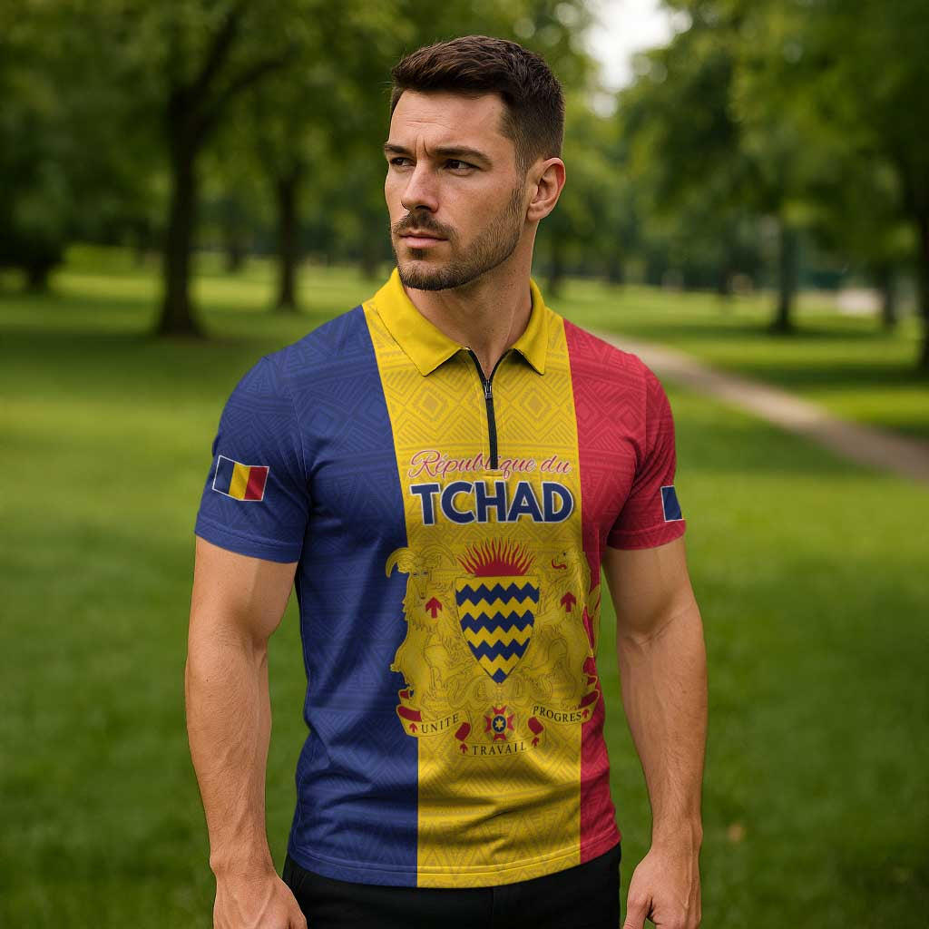 Personalized Chad Zipper Polo Shirt Coat Of Arms - Flag Style - Wonder Print Shop