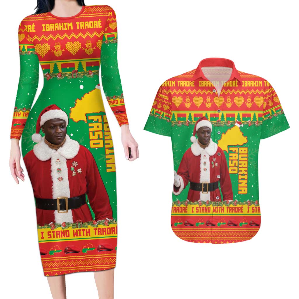 Burkina Faso Christmas Couples Matching Long Sleeve Bodycon Dress and Hawaiian Shirt I Stand With Traore - Wonder Print Shop
