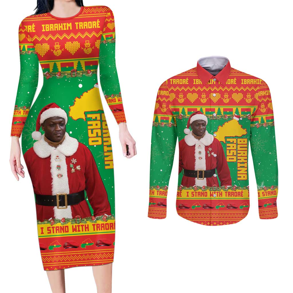 Burkina Faso Christmas Couples Matching Long Sleeve Bodycon Dress and Long Sleeve Button Shirt I Stand With Traore - Wonder Print Shop