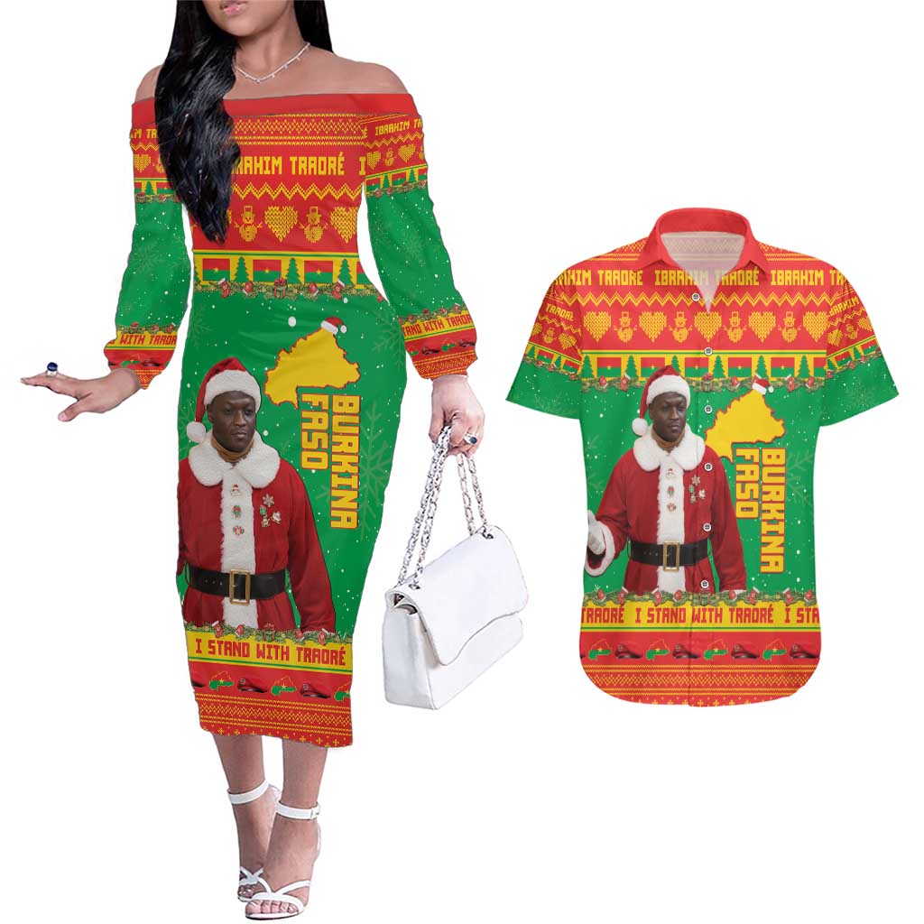Burkina Faso Christmas Couples Matching Off The Shoulder Long Sleeve Dress and Hawaiian Shirt I Stand With Traore - Wonder Print Shop