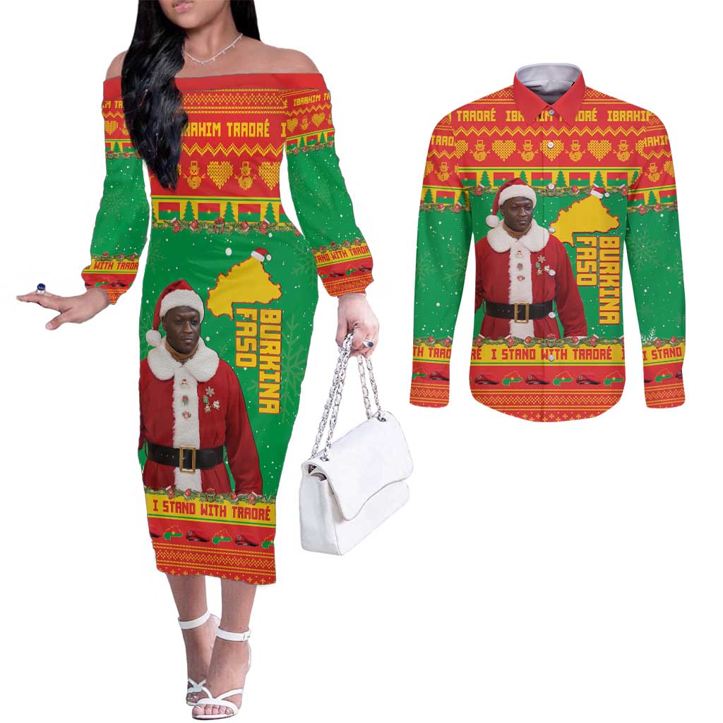 Burkina Faso Christmas Couples Matching Off The Shoulder Long Sleeve Dress and Long Sleeve Button Shirt I Stand With Traore - Wonder Print Shop
