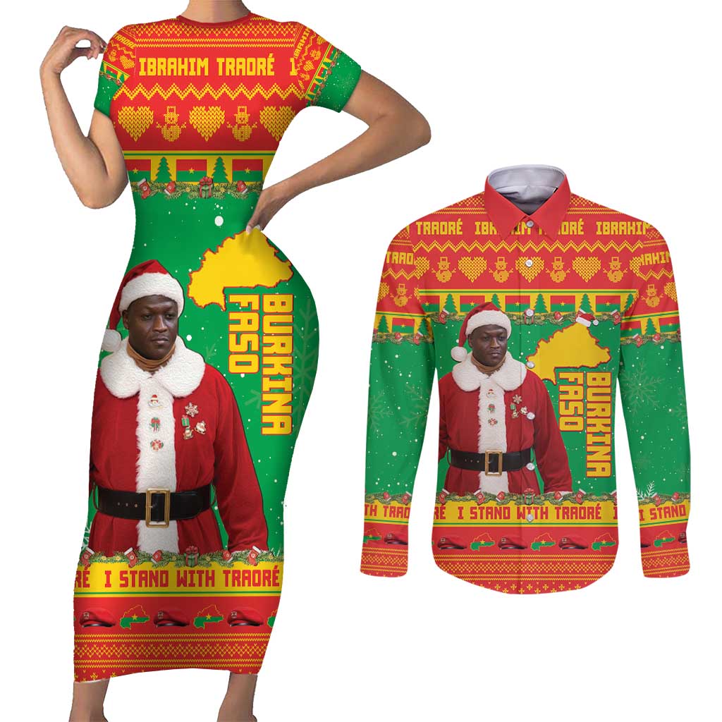 Burkina Faso Christmas Couples Matching Short Sleeve Bodycon Dress and Long Sleeve Button Shirt I Stand With Traore - Wonder Print Shop