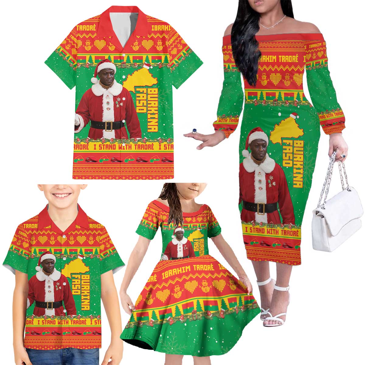 Burkina Faso Christmas Family Matching Off The Shoulder Long Sleeve Dress and Hawaiian Shirt I Stand With Traore - Wonder Print Shop