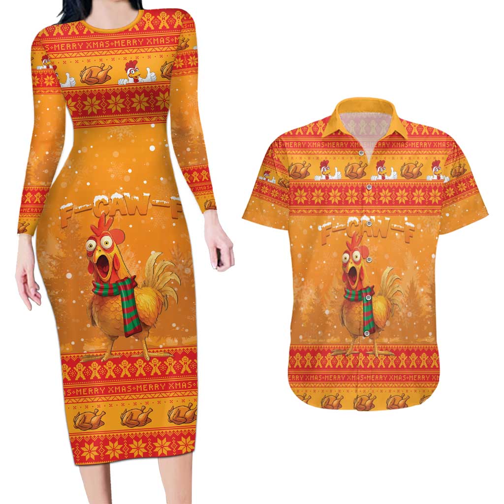 Funny Christmas F Caw F Chicken Couples Matching Long Sleeve Bodycon Dress and Hawaiian Shirt Merry Craw Mas - Wonder Print Shop