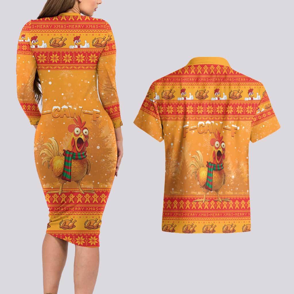 Funny Christmas F Caw F Chicken Couples Matching Long Sleeve Bodycon Dress and Hawaiian Shirt Merry Craw Mas - Wonder Print Shop