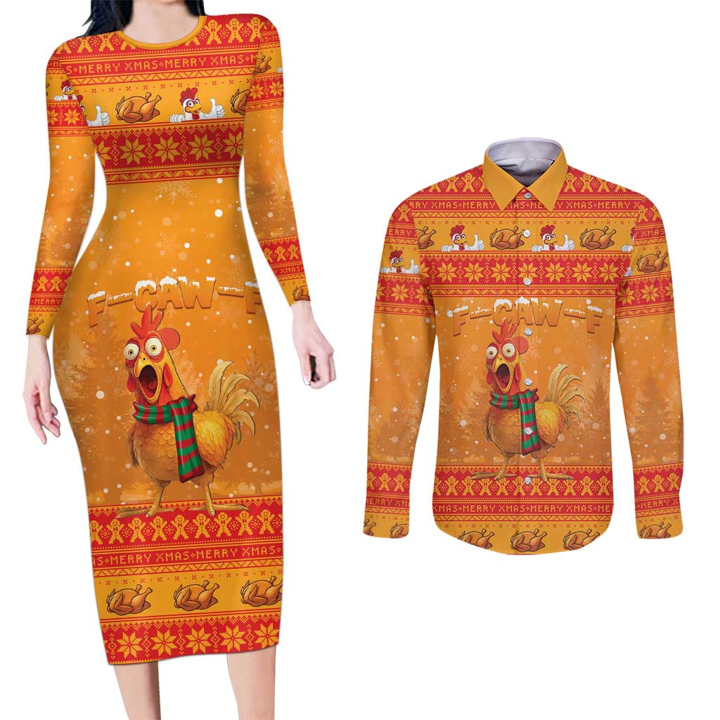 Funny Christmas F Caw F Chicken Couples Matching Long Sleeve Bodycon Dress and Long Sleeve Button Shirt Merry Craw Mas - Wonder Print Shop