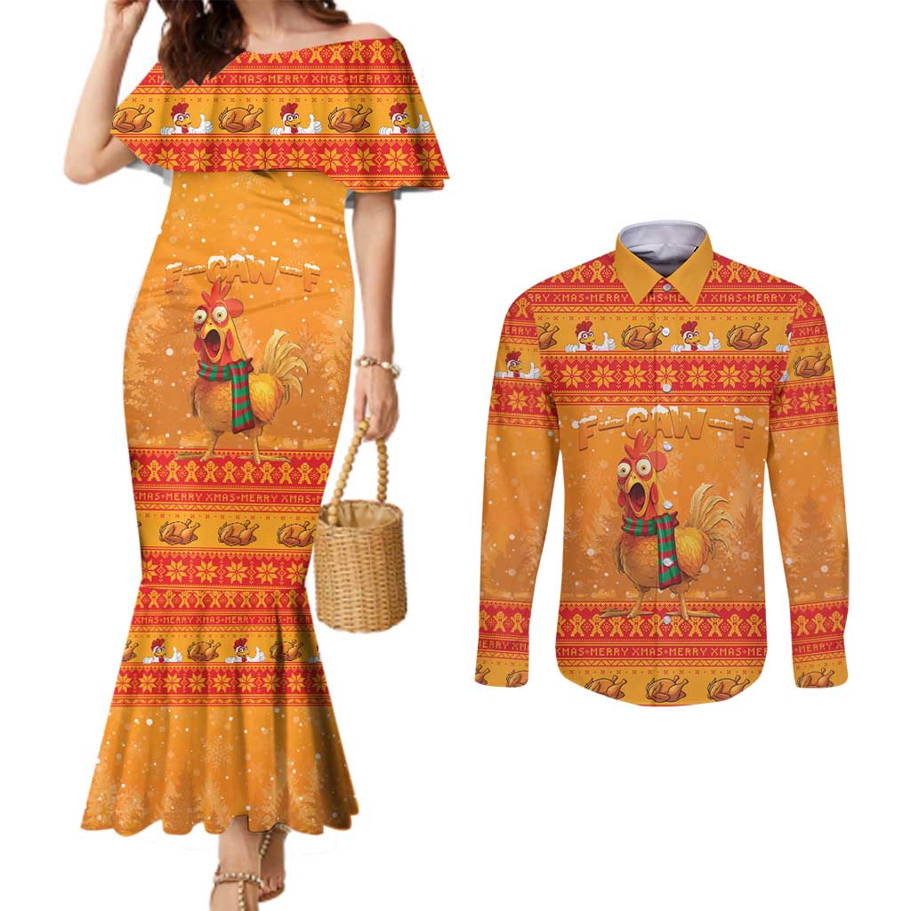 Funny Christmas F Caw F Chicken Couples Matching Mermaid Dress and Long Sleeve Button Shirt Merry Craw Mas - Wonder Print Shop